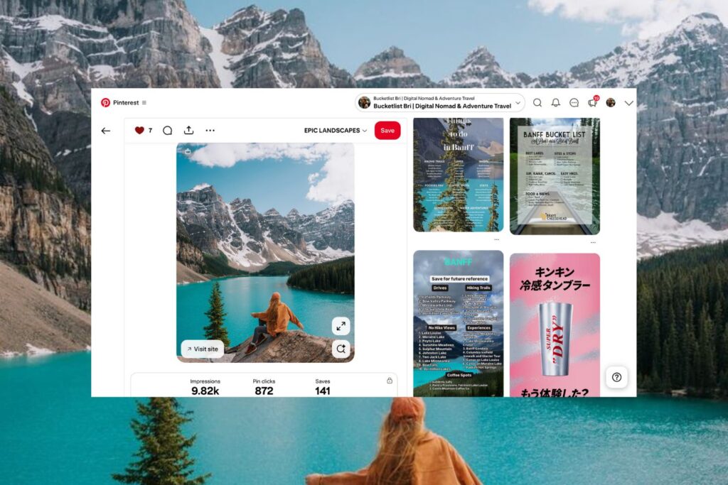 Photo of girl at Moraine Lake in the Canadian Rockies with a screenshot overlay of Pinterest audience analytics.