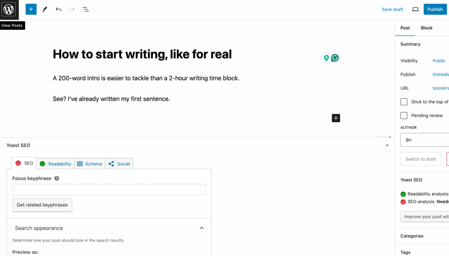 A screenshot of a new post in WordPress for how to start blog writing.